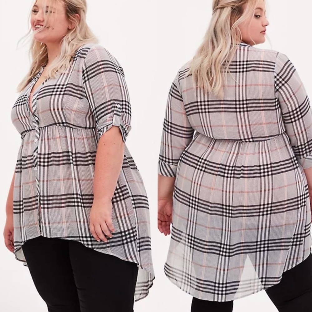 Torrid Lexi Gray Plaid Chiffon Hi-Lo Babydoll Tunic 0X NWT